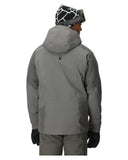 Person wearing a gray jacket and black gloves on a white background