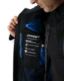Person wearing a black jacket with Spyder branding and feature label.