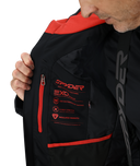 Black jacket with red accents and Spyder branding, featuring insulation and moisture-wicking text.