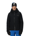 Man wearing a black ski jacket and blue pants on a white background