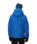 Person wearing a blue jacket and hat on a white background