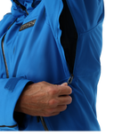 Close-up of a blue jacket with a brand logo on a white background
