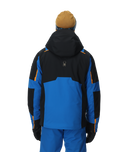 Blue and black winter jacket with orange accents on a white background