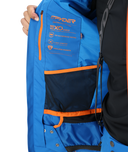 Blue ski bag with orange accents and Spyder branding on a white background