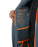Gray and orange Spyder jacket with feature text on a white background