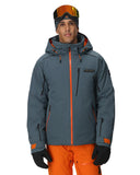 Person wearing a gray and orange ski jacket with goggles on a white background