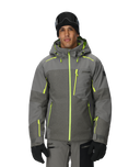 Person wearing a gray ski jacket with green accents on a white background
