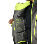 Gray and green Spyder jacket with visible branding and text on a white background