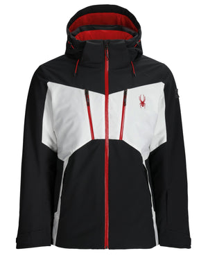 Black and white jacket with red accents and a spider logo on a white background