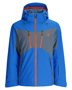 Blue and gray jacket with orange accents on a white background