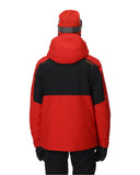 Red and black jacket with a hood on a white background