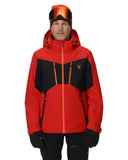 Person wearing a red and black ski jacket with a brand logo on a white background