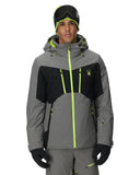Person wearing a gray and black ski jacket with neon green accents on a white background