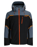 Spyder ski jacket with black, gray, and orange design on a white background