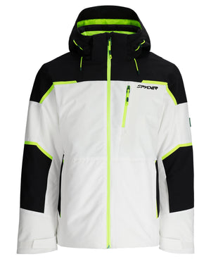 Black, white, and green ski jacket with Spyder branding on a white background