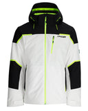 Black, white, and green ski jacket with Spyder branding on a white background