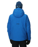 Blue jacket with a brand logo on the back, worn by a person on a white background