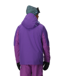 Person wearing a purple snowsuit with a hood on a white background