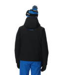 Person wearing a black jacket, blue pants, and a blue and black beanie with a pom-pom on a white background