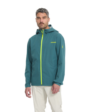 Man wearing a teal raincoat with a yellow zipper on a white background