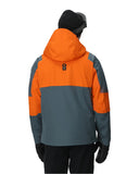 Person wearing an orange and gray jacket on a white background