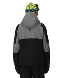 Person wearing a black and gray jacket with a hood on a white background