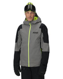 Person wearing a gray and black jacket with neon green accents on a white background