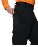 Black pants worn by a person with an orange shirt on a white background