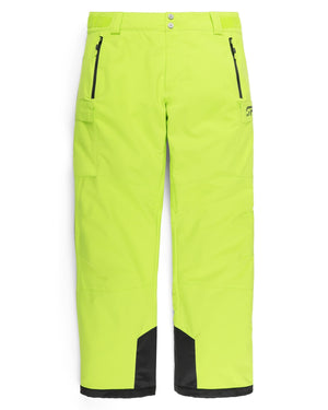 Bright green ski pants with black zippers and accents on a white background