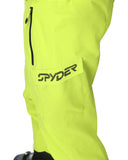 Bright yellow ski pants with Spyder logo on a white background