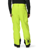 Bright yellow ski pants with a black logo on a white background
