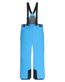 Blue ski pants with black suspenders on a white background