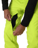 Person wearing bright yellow pants with a black zipper, on a white background