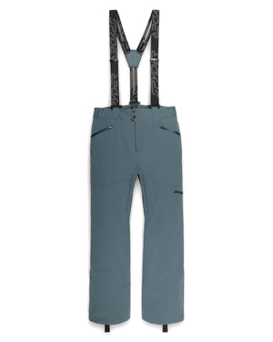 Blue ski pants with black suspenders on a white background