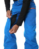 Blue snow pants with black sleeves on a white background