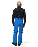 Person wearing a black jacket and blue snow pants on a white background