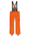 Orange ski pants with black suspenders on a white background