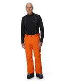 Man wearing orange snow pants and black top with a brand logo on a white background