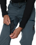 Person wearing dark gray pants with a close-up of the waist area on a white background