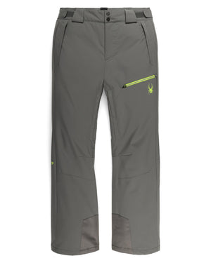 Gray pants with a green zipper on a white background