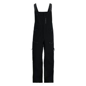 A pair of men's black snow bib overalls with adjustable straps and multiple pockets.