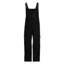 A pair of men's black snow bib overalls with adjustable straps and multiple pockets.