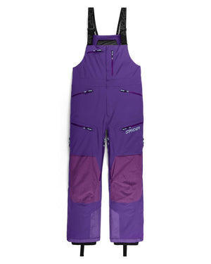 Purple snow pants with suspenders on a white background