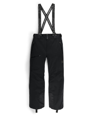 Black snow pants with suspenders on a white background