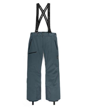 Teal snow pants with black suspenders on a white background