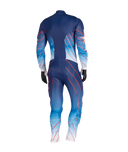 Blue and red wetsuit with geometric pattern on a white background