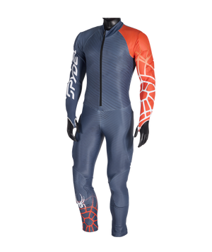 Race suit with blue and orange design on a white background