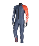 Race suit with blue and orange design on a white background