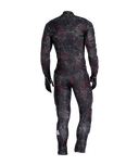 Black race suit with red speckles on a white background