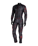 Black and red patterned jumpsuit against a white background